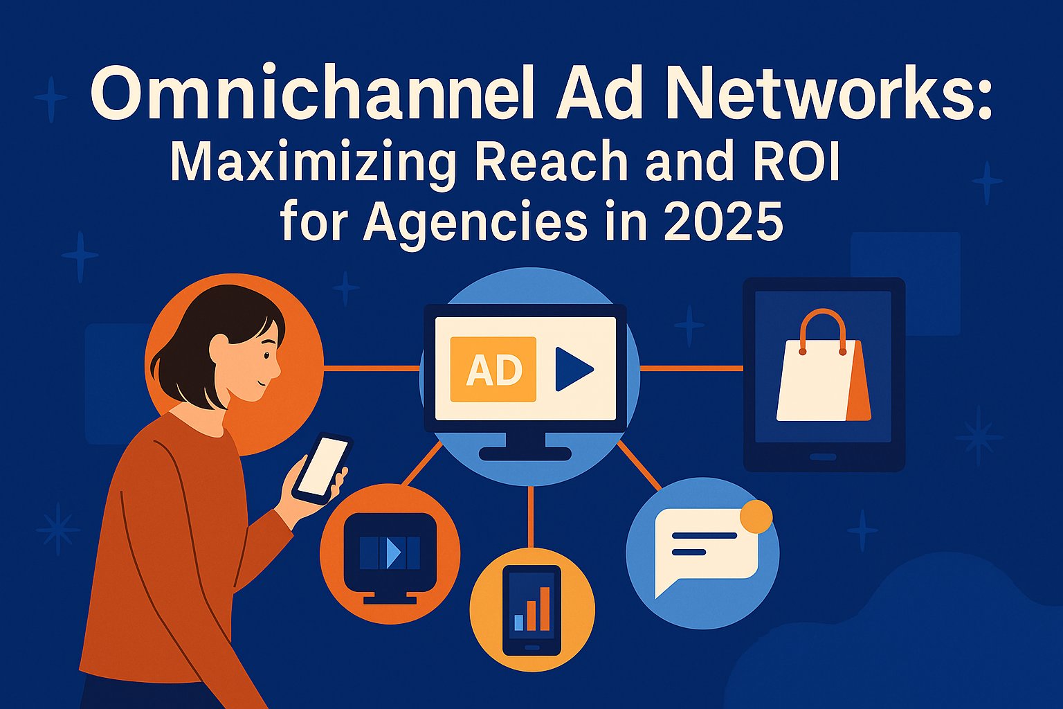 Omnichannel ad networks 2025 – illustration of a woman using a smartphone connected to icons of TV, tablet, push notification, shopping bag, and analytics, symbolizing multi-device advertising strategy for agencies.
