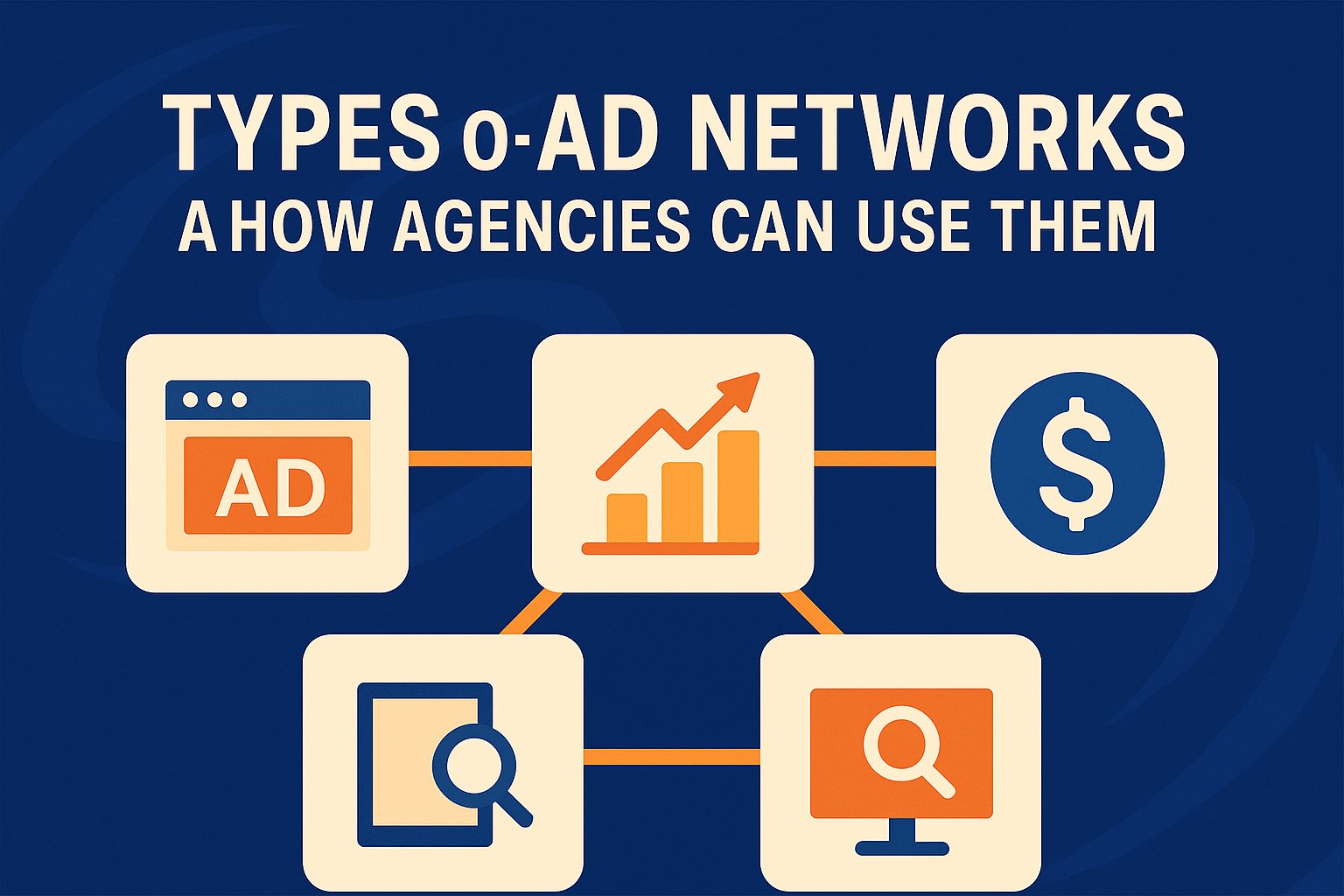 Types of ad networks in 2025 – illustration with icons of a browser ad, growth chart, dollar sign, and magnifying glass connected by lines, symbolizing how agencies use different ad network models.