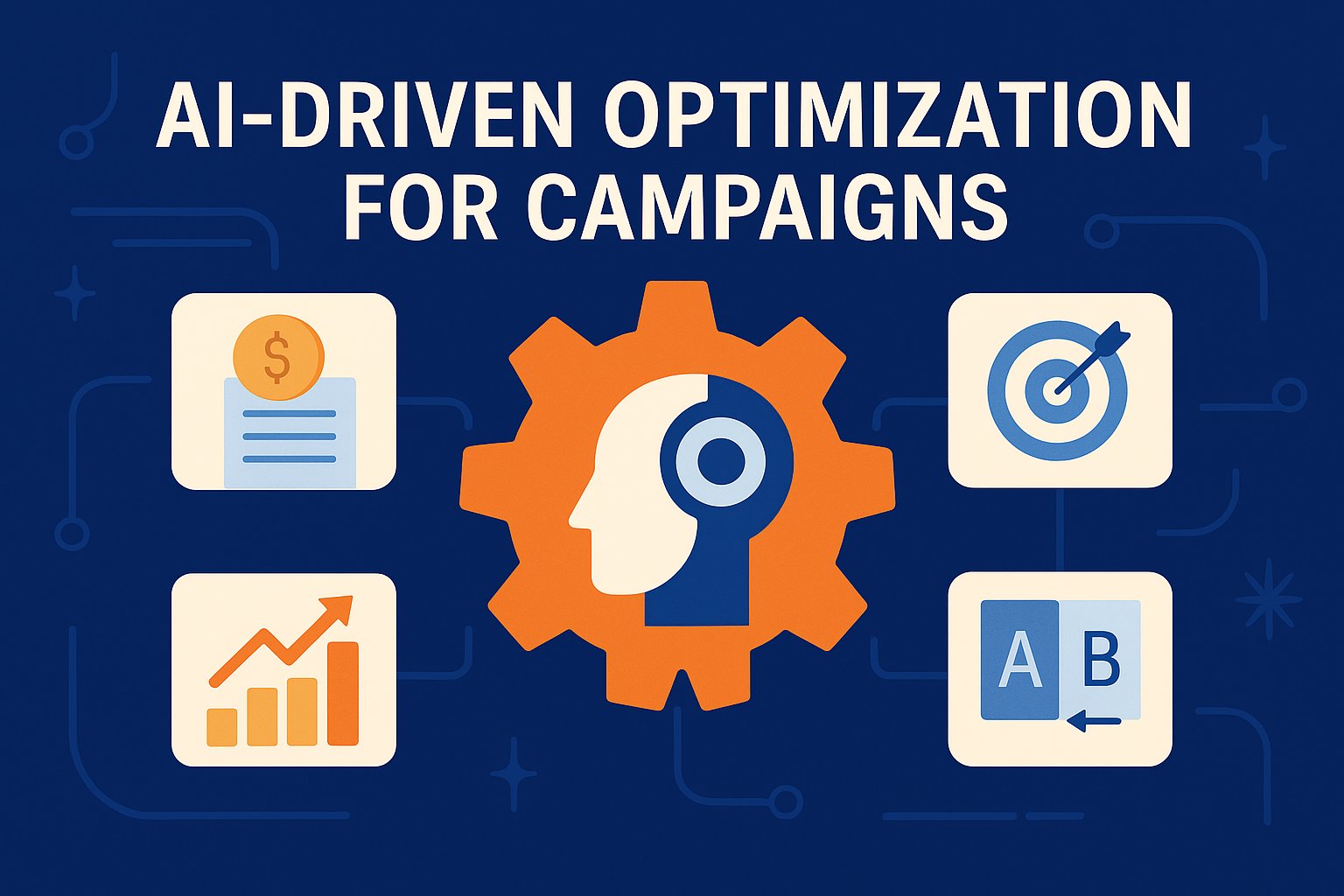 AI-driven optimization for ad campaigns – illustration of a human head inside a gear, surrounded by icons of a dollar report, bar chart, target, and A/B testing, symbolizing automation and predictive targeting.