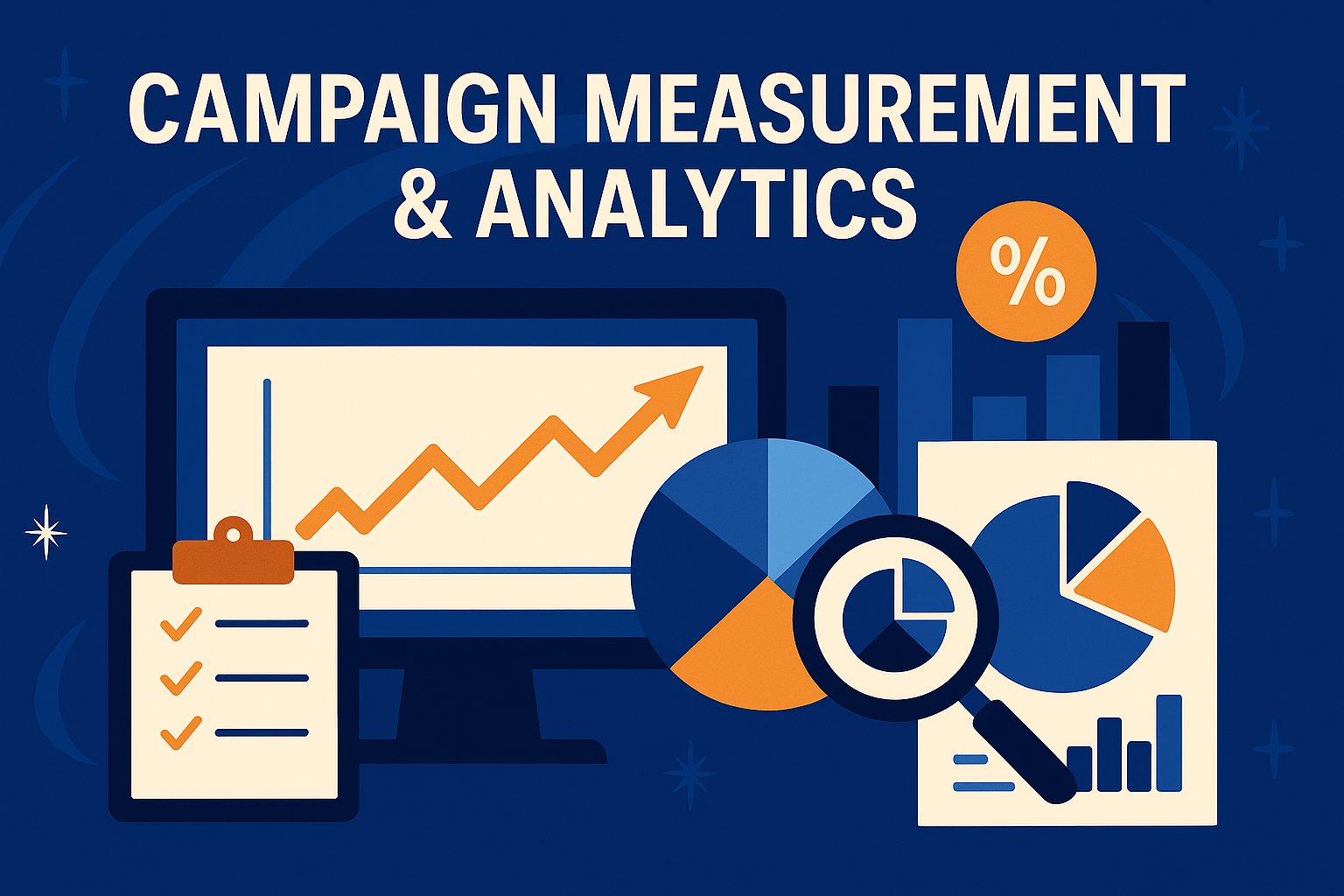 Campaign measurement and analytics – illustration showing a computer with an upward chart, pie charts, magnifying glass, and checklist, symbolizing KPIs, attribution models, and performance tracking.