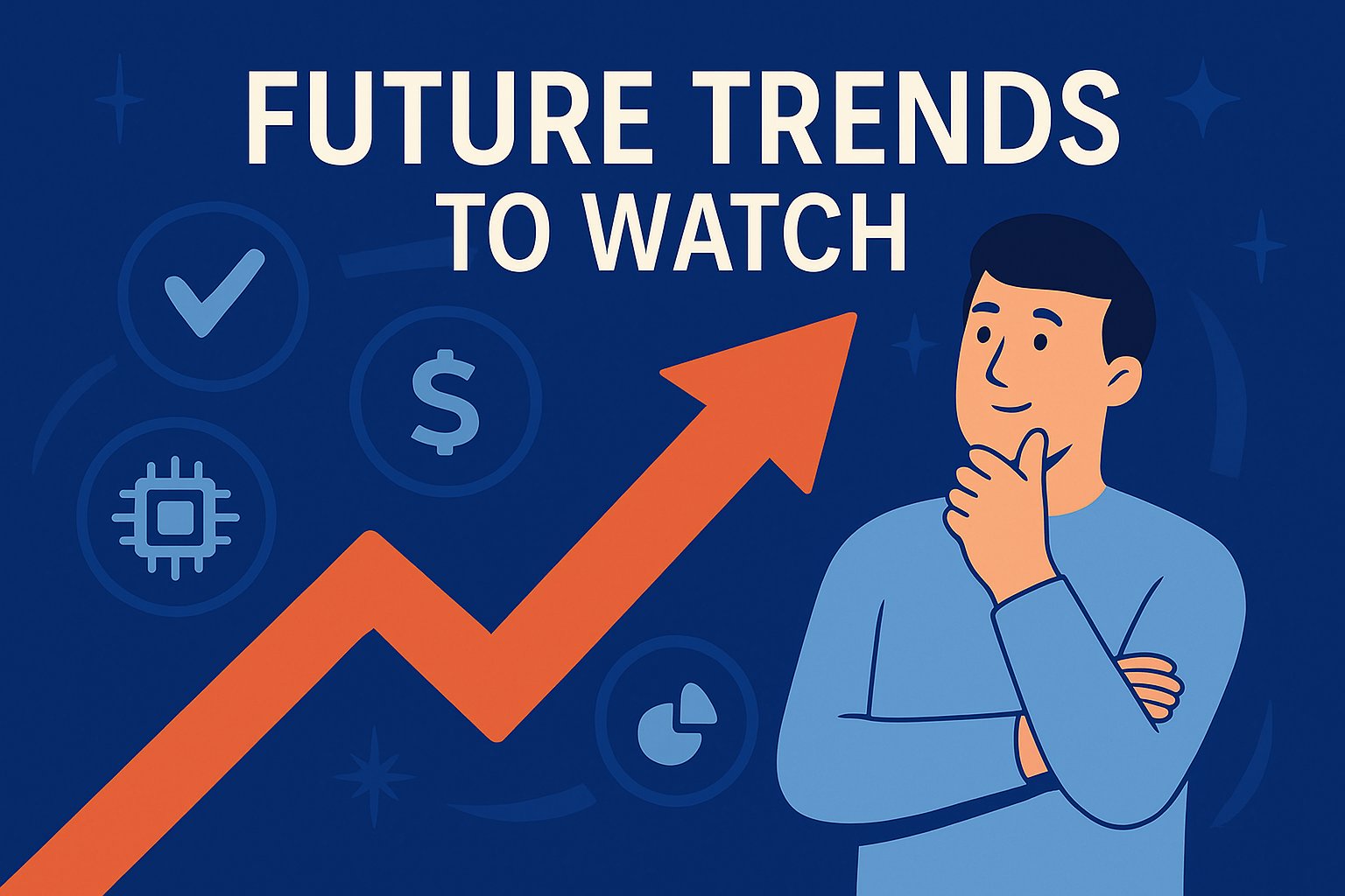 Future trends in digital advertising 2025 – illustration with an orange upward arrow, thoughtful man, and icons of AI chip, dollar sign, checkmark, and pie chart, symbolizing innovation and industry growth.